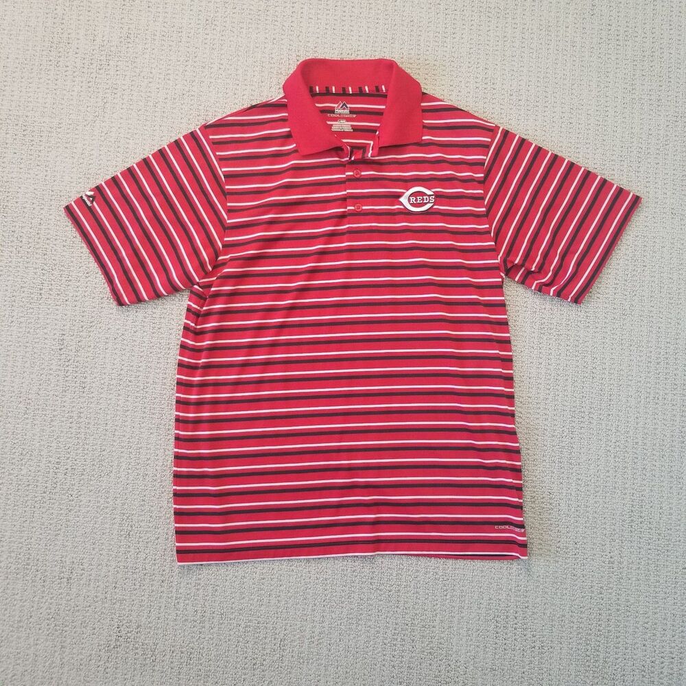 Cincinnati Reds Polo Shirt Mens Size L Red Black Striped MLB Majestic Coolbase